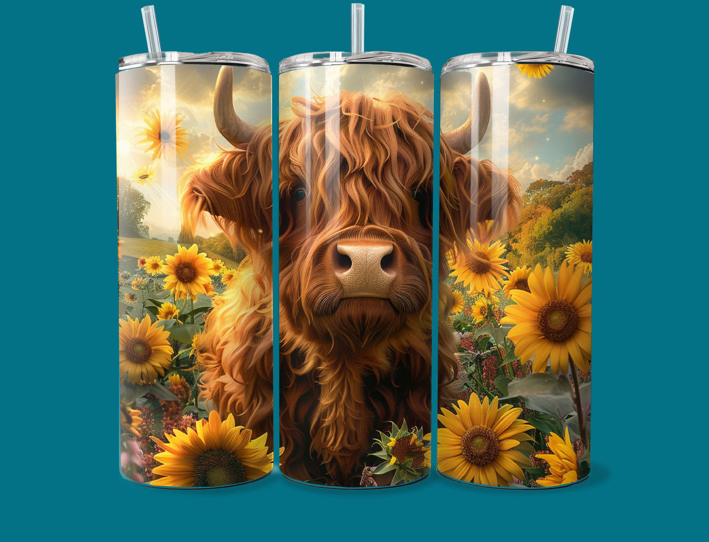 Highland Cow with Sunflowers Tumbler 20oz